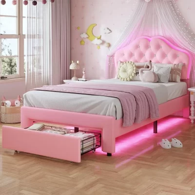 Princess Twin Size Bed with Storage Drawer