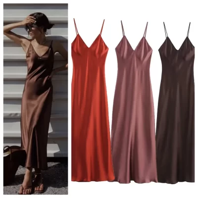 Elegant silk satin texture sexy slip dress