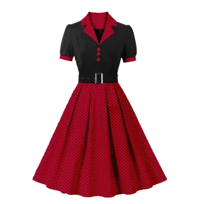 Polka Dot Lapel  Short-Sleeved Belt Dress